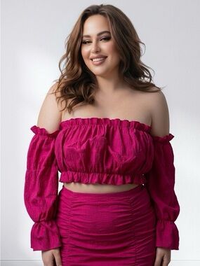SHEIN Hot Pink Off-Shoulder Ruffle Crop Top